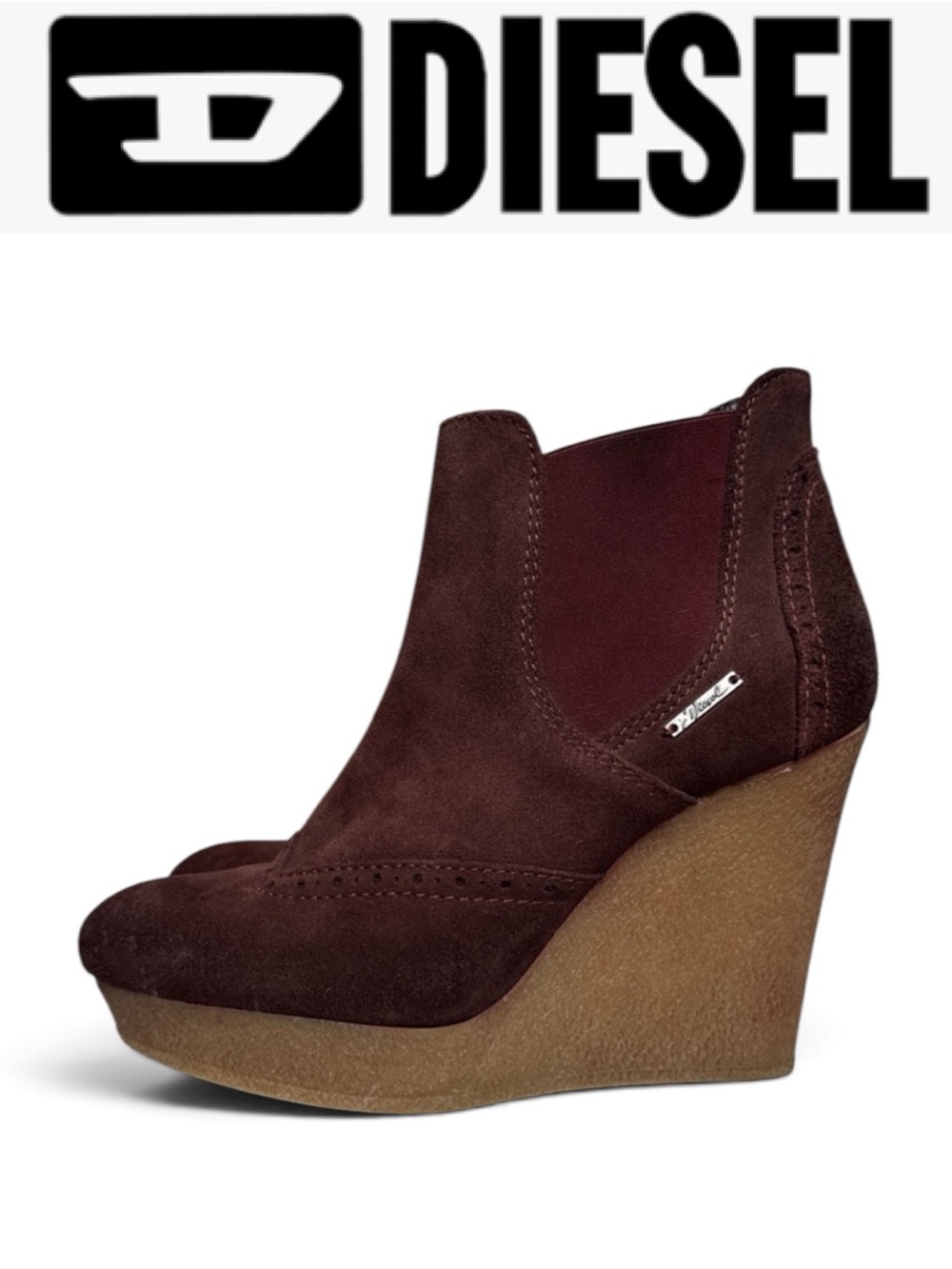 DIESEL DENVER WINEYARD VINE BORDEAUX SUEDE WEDGE PLATFORM ANKLE BOOTS SIZE EU 39